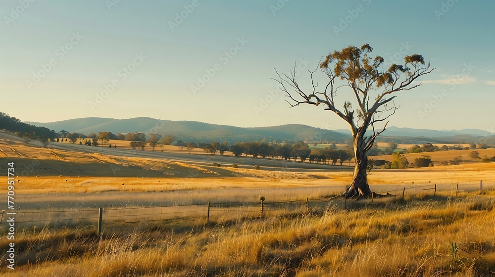 Dead tree in harvested wheat field at sunset with golden light. Generative AI