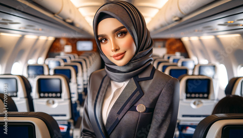 Portrait of an airhostess with a headscarf.