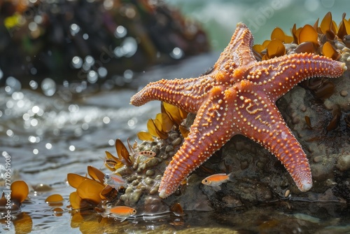 A starfish rests on a rocky surface in the water, creating a fascinating sight in its natural habitat, A lively starfish interacting with small fishes in a tidal pool, AI Generated