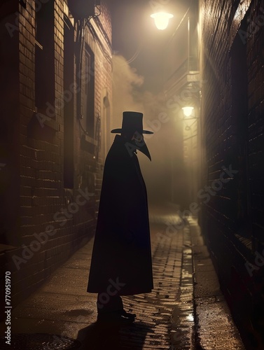 A shadowy character shrouded in mist stands under a lamppost on a cobblestone alley, evoking mystery and suspense