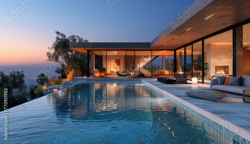 Modern luxury villa with pool on the cliff overlooking Los Angeles at dusk, interior design. Created with Ai photo