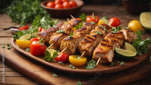 Chicken shish kebab with vegetables on wooden table