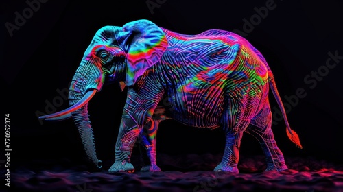 Abstract 3d colorful hologram elephant animal drawing in dark background. AI generated