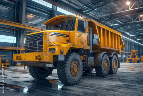 Yellow dump truck parked in an industrial warehouse, with a focus on logistics © Татьяна Евдокимова