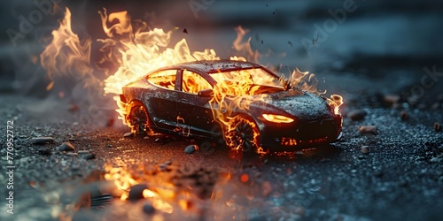 Image of a lithium battery fire in an electric car caused by thermal runaway due to damage or overcharging. Concept Thermal Runaway, Lithium Battery Fire, Electric Car, Damage, Overcharging photo
