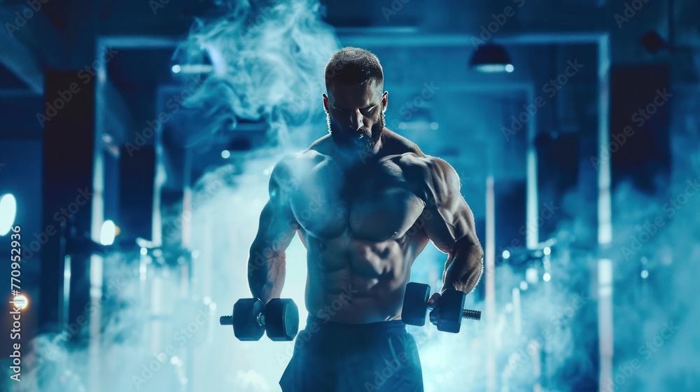 Obraz premium Happy attractive sports man athlete work out with dumbbells at gym sport center. AI generated image