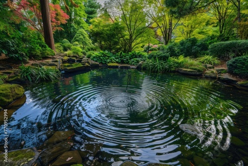 Tranquil garden pond surrounded by lush greenery with water ripples spreading from center. © evgenia_lo