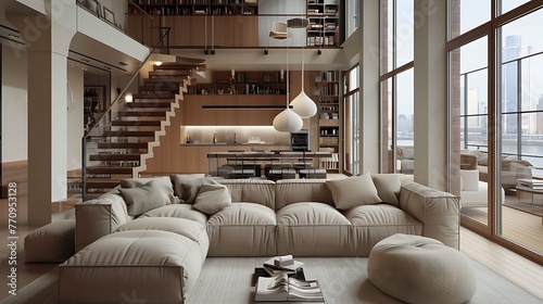 Extravagance corner beige couch and poufs in exemplary loft scandinavian style home inside plan of current lounge photo