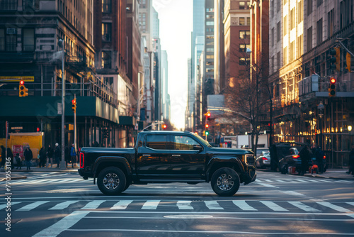 A black pickup truck paused at a bustling city crosswalk, framed by skyscrapers photo