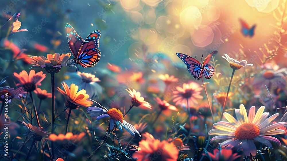 Sun-drenched daisies carpeting a meadow in vibrant hues, with butterflies weaving through the blossoms in a mesmerizing display of color and movement.