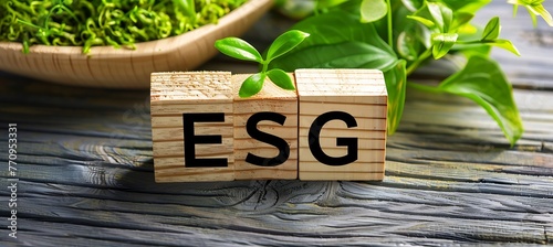  Environmental Social and Governance (ESG). ESG on a woodblock It is an idea for sustainable organizational development, Solar Power Plant. Generated with Ai
