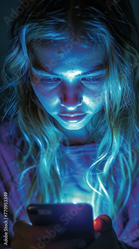 Woman Looking at Glowing Cell Phone
