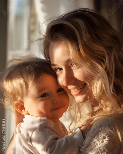 Mother and child, beautiful family portrait, positive emotions, soft light, shadow play.