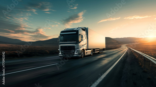Scenic sunset highway trucking adventure with semi-truck transportation and logistics for long haul freight delivery industry journey through countryside