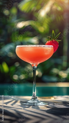 Pink Cocktail by Poolside Table