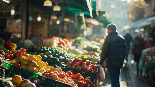 A man is shopping at a farmer's market in the early morning, the stalls are full of all kinds of fruit and vegetables photo