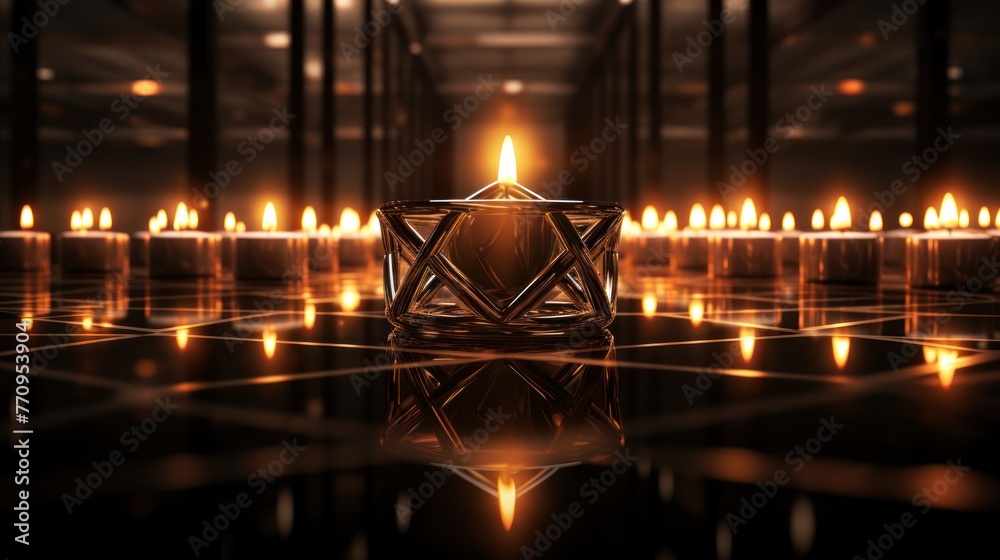 A lit candle stands in the center of a mirrored room, surrounded by many lit candles. The room has a dark, almost sci-fi atmosphere.