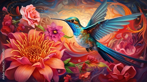 A colorful hummingbird flits among bright colors  including yellow with an orange center and pink with a red center.