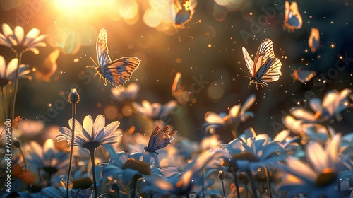 Sunlit daisies stretching as far as the eye can see, their petals glowing in the warm light while butterflies dance in a whimsical ballet.