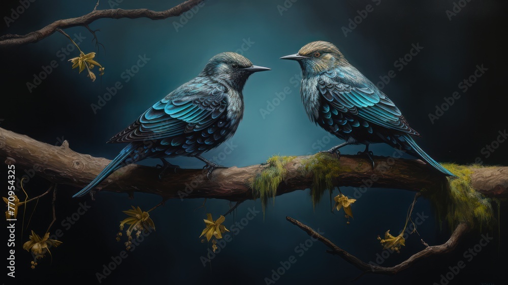 Fototapeta premium Two starlings are sitting on a mossy branch. Background blue.