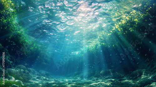 Tropical underwater scene, captivating shot showcasing vibrant marine life, corals, and clear blue waters in a serene, exotic setting. © daniel