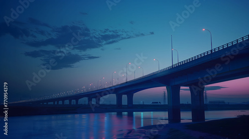 Twilight Serenity Over A Calm River With An Illuminated Bridge. AI.