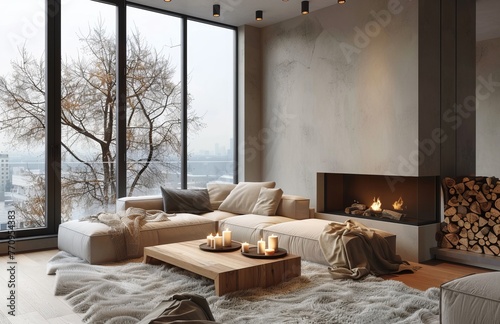 Modern living room with a large window, light grey walls and a wooden fireplace