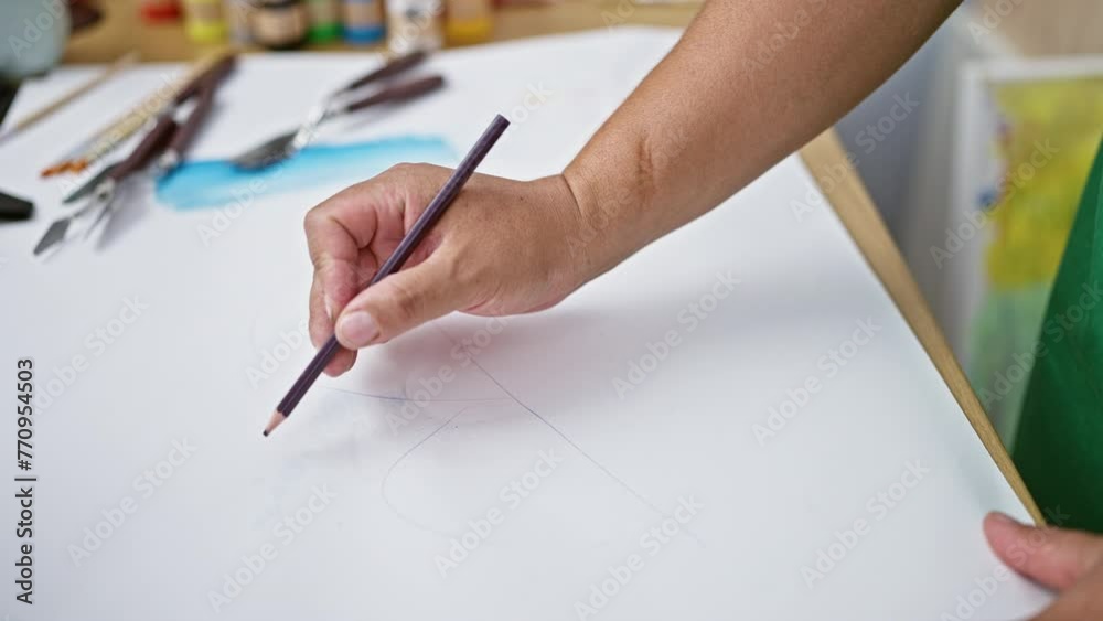 Passionate young latin artist immersed in drawing on his notebook, stationed at the heart of a vibrant art studio
