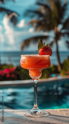 Pink Cocktail by Poolside Table