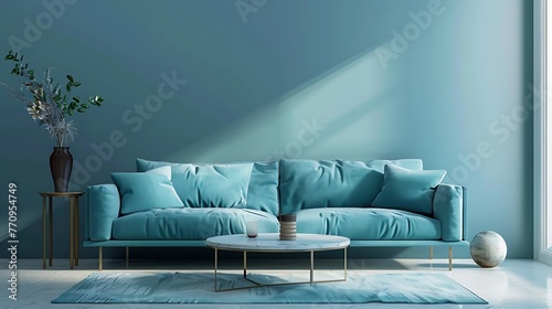 Home interior mockup with blue sofa marble table and tiffany blue wall decor in living room