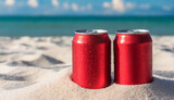 2 red aluminum can with condensation drops on clear white sand at beach. Beer or soda drink package.