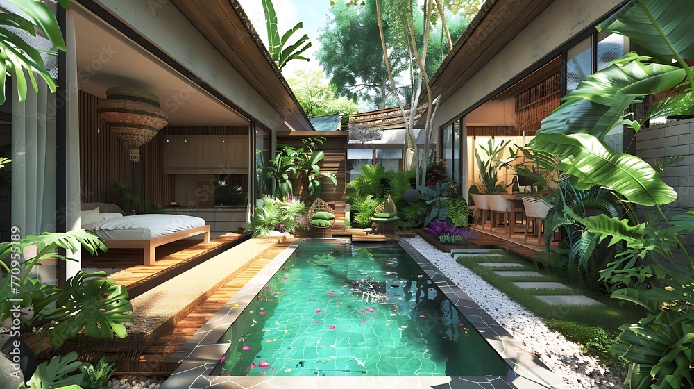house building Outside and inside plan showing tropical pool estate with green nursery and room