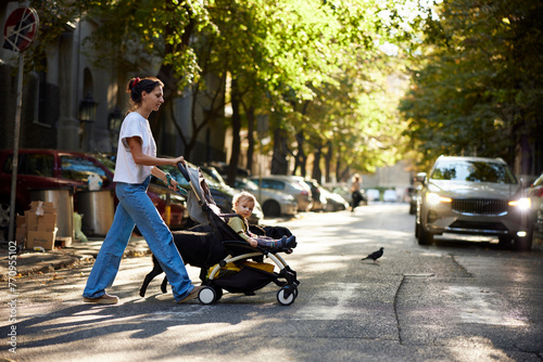 Family crosses the street