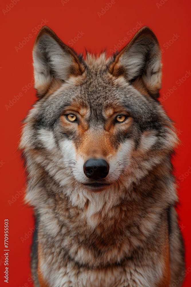 Close-up portrait of a timber wolf on a red background.