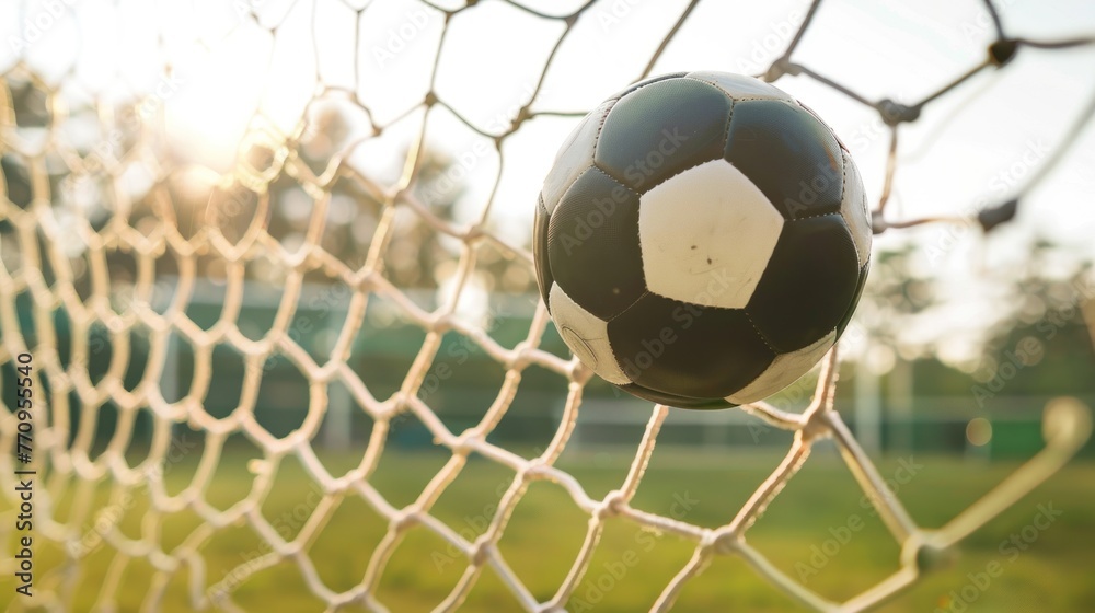 Fototapeta premium A close-up view of a weathered soccer ball caught in the net of a goal with a sunlit field in the background.
