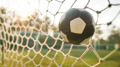 A close-up view of a weathered soccer ball caught in the net of a goal with a sunlit field in the background.