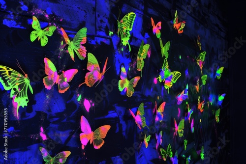 Neon Butterflies on Dark Wall Under UV Light photo