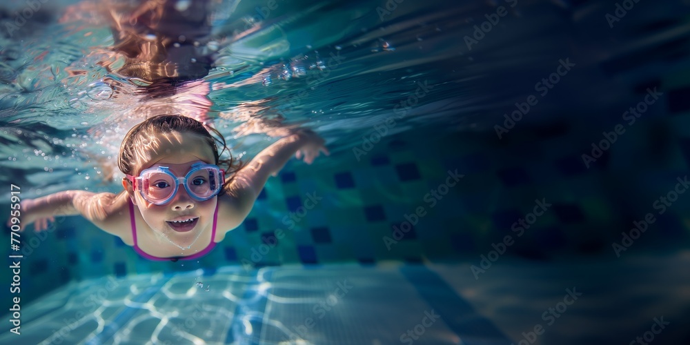 Fototapeta premium Poolside Happiness: Girl Delighting in Swimming and Playful Water Activities
