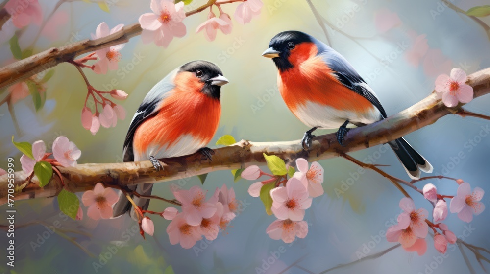 Two red and black bullfinches sitting on a cherry blossom branch. The background is a blurred light blue and yellow. There are pink flowers on the branch, scattered around the birds and branches. Two red and black bullfinches sitting on a cherry blossom branch. The background is a blurred light blue and yellow. There are pink flowers on the branch, scattered around the birds and branches.