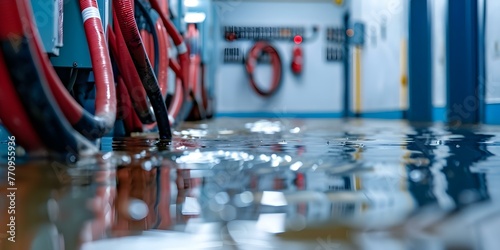Dealing with Water Damage in the Electrical Room: Flooding, Blurred Cables, and Potential Causes from Snowmelt or Burst Pipes. Concept Water Damage, Electrical Room, Flooding, Blurred Cables photo