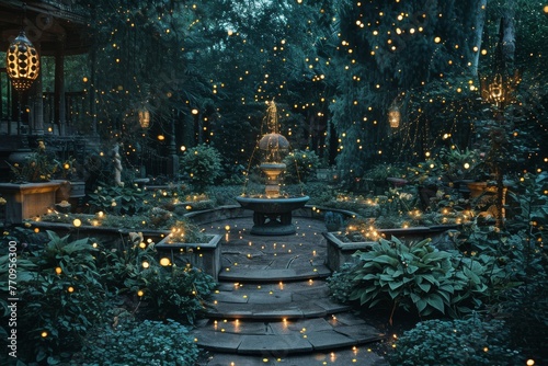 This photo captures a beautiful garden filled with an abundance of twinkling lights illuminating vibrant plants and foliage, A magical birthday garden studded with twinkling fireflies, AI Generated