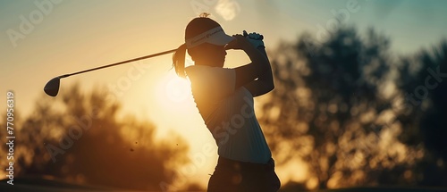 Young junior female golfer practicing to stroke in a golf course ground with the beautiful sun setting scenery nature environment. Golf practicing. Golfing golf course. Generative AI photo