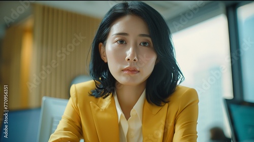 Through the lens of a high-definition camera, an Asian businesswoman's journey unfolds, her yellow suit a symbol of empowerment and resilience within her office domain.