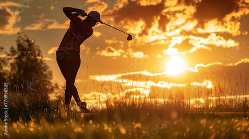 Young junior female golfer practicing to stroke in a golf course ground with the beautiful sun setting scenery nature environment. Golf practicing. Golfing golf course. Generative AI photo