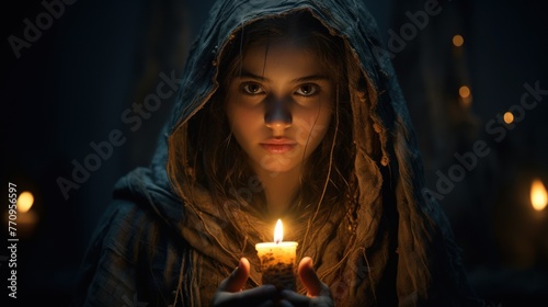 A woman in a black robe holding a lit candle.