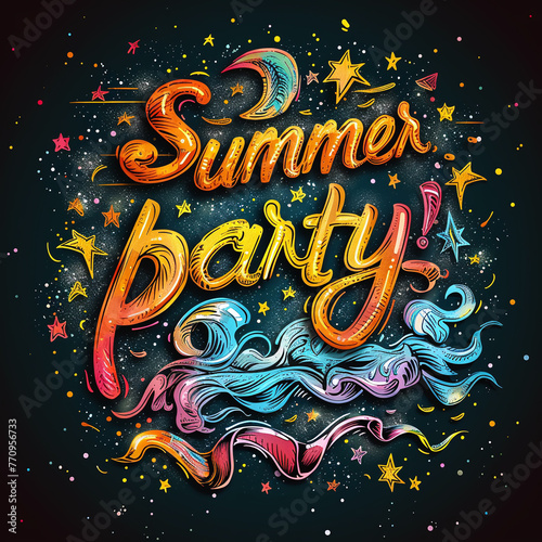 Illustration with a colorful lettering - Summer party in chalk design style on a black background. The pattern is perfect for the design of posters, cards, banners, chalk boards