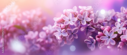 A variety of purple flowers, including violet, pink, and magenta petals, blooming on a purple background. The flowers contrast beautifully with the green grass © AkuAku
