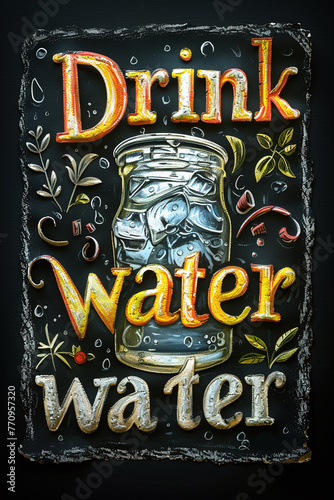 Illustration with a colorful lettering - Drink water, glass of water and leaves in chalk design style on a black background. The pattern is perfect for the design of posters, cards, chalk boards