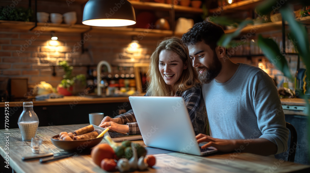 Young Couple Enjoying Time Together Working on Laptop at Home Young Couple Enjoying Time Together Working on Laptop at Home