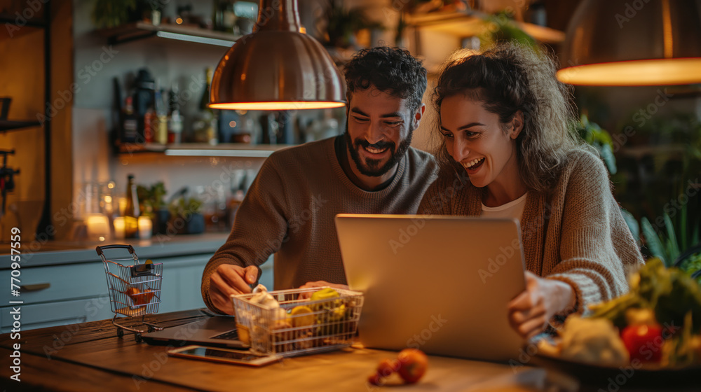 Cozy Couple Shopping Online in Warm Home Kitchen